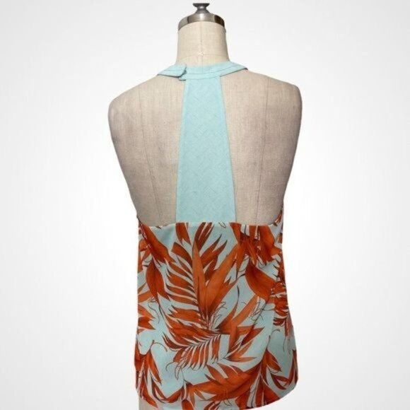 H&M Chiffon Halter Tank Top Tropical Palm Leaf Print Aqua Orange 6 Small - Picture 6 of 10